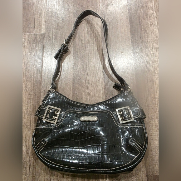 ROSETTI Y2K CROC EMBOSSED BLACK LUNE CROISSANT BAG Shoulder Preppy 2000s Shiny - Picture 1 of 13